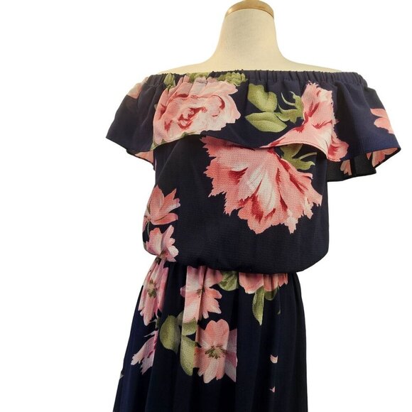 Rebecca B Flounce Off-Shoulder Maxi Dress Sz 6 Pink Floral on Navy Poly Spandex - Picture 6 of 11